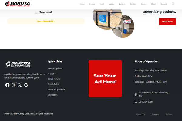 Advertise Website Footer - Dakota Community Centre - Winnipeg MB